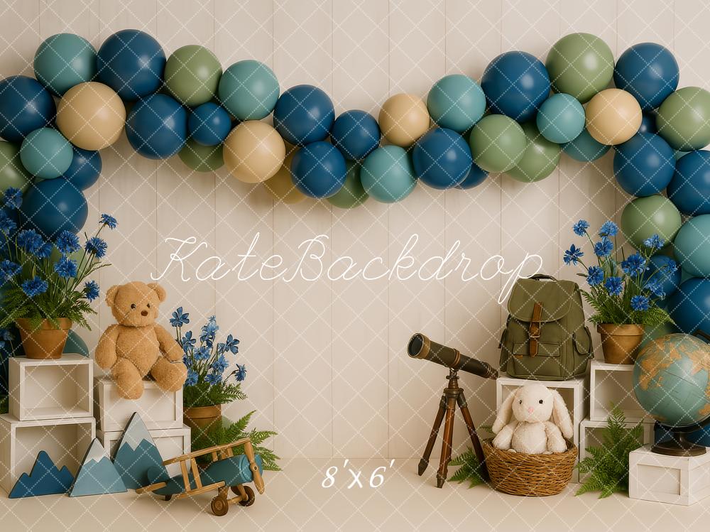 Kate Aventure Télescope Anniversaire Ballons Toile de fond conçue par Patty Roberts - Kate Backdrop FR