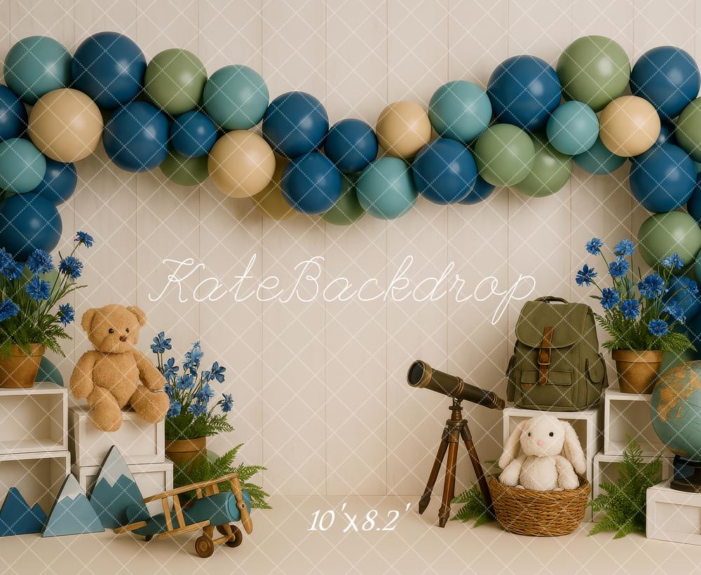 Kate Aventure Télescope Anniversaire Ballons Toile de fond conçue par Patty Roberts - Kate Backdrop FR