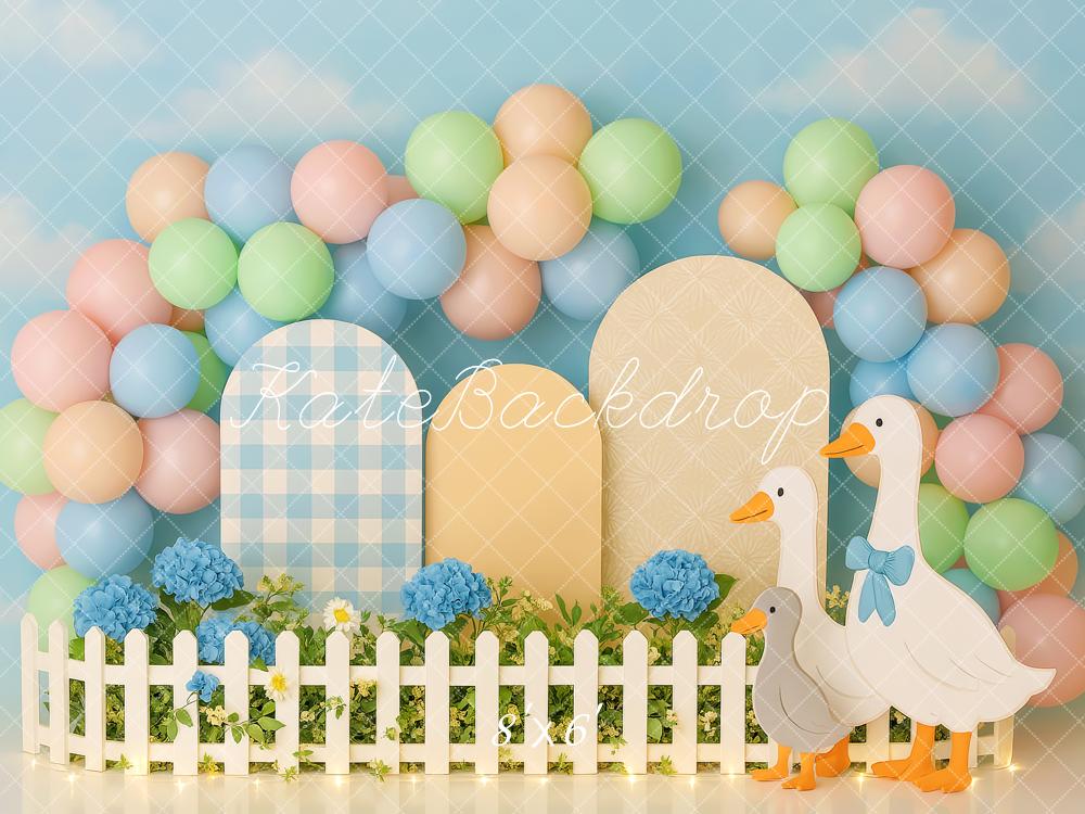 Kate Anniversaire Jardin Oies Pastel Ballons Toile de fond conçue par Patty Roberts - Kate Backdrop FR