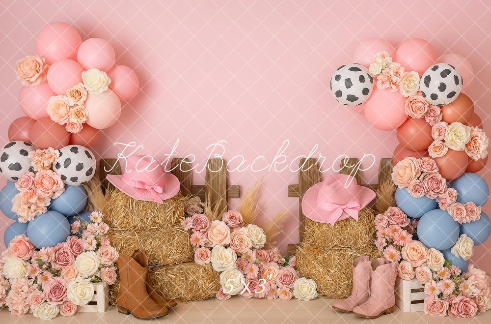 Kate Cowgirl Western Fleurs Rose Anniversaire Toile de fond conçue par Patty Roberts - Kate Backdrop FR
