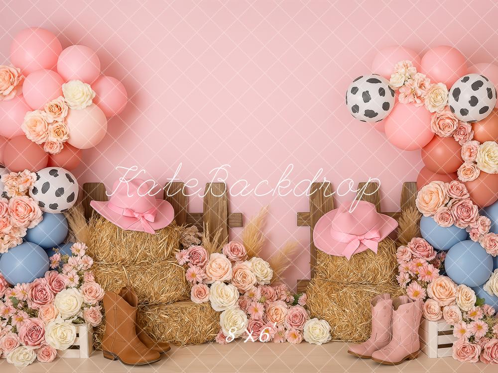 Kate Cowgirl Western Fleurs Rose Anniversaire Toile de fond conçue par Patty Roberts - Kate Backdrop FR