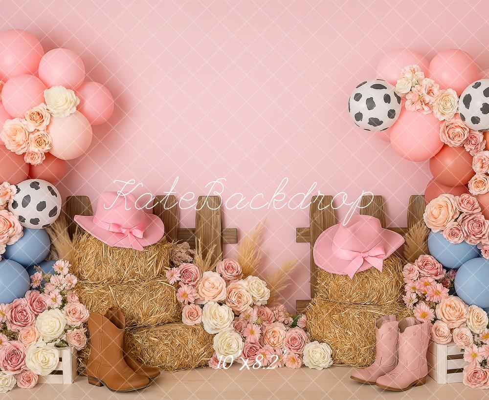 Kate Cowgirl Western Fleurs Rose Anniversaire Toile de fond conçue par Patty Roberts - Kate Backdrop FR