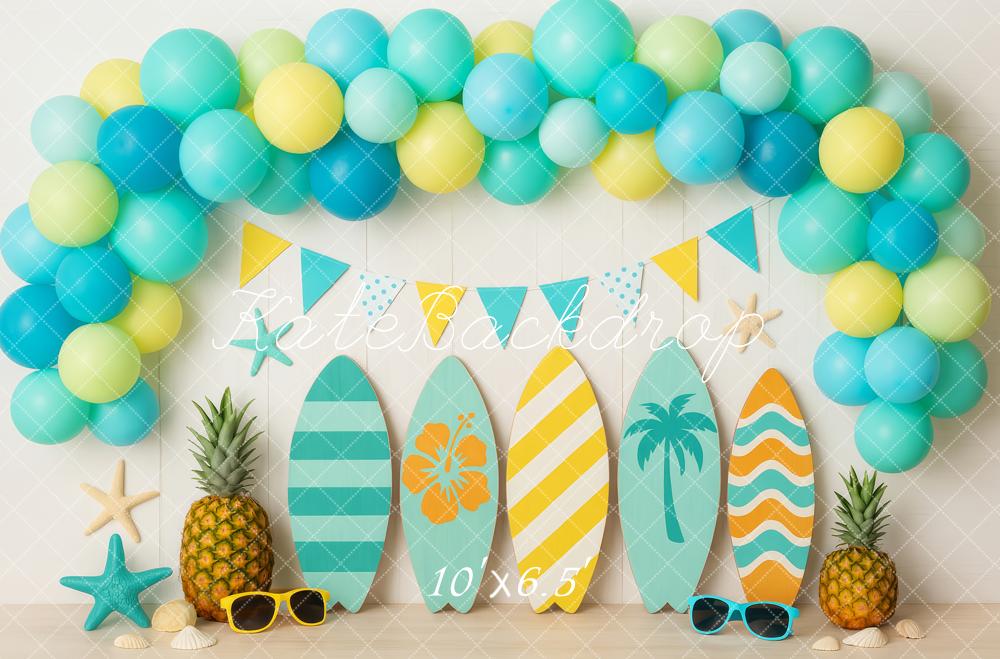 Kate Anniversaire Été Planche de surf Ballon Toile de fond conçue par Patty Roberts - Kate Backdrop FR