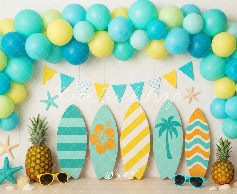 Kate Anniversaire Été Planche de surf Ballon Toile de fond conçue par Patty Roberts - Kate Backdrop FR