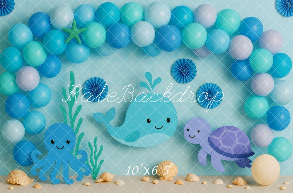 Kate Anniversaire Mer Animaux Ballons Toile de fond conçue par Patty Roberts - Kate Backdrop FR
