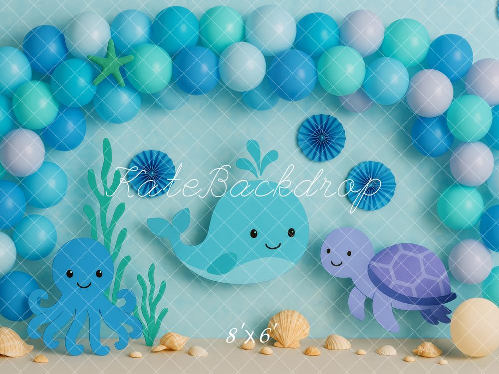 Kate Anniversaire Mer Animaux Ballons Toile de fond conçue par Patty Roberts - Kate Backdrop FR
