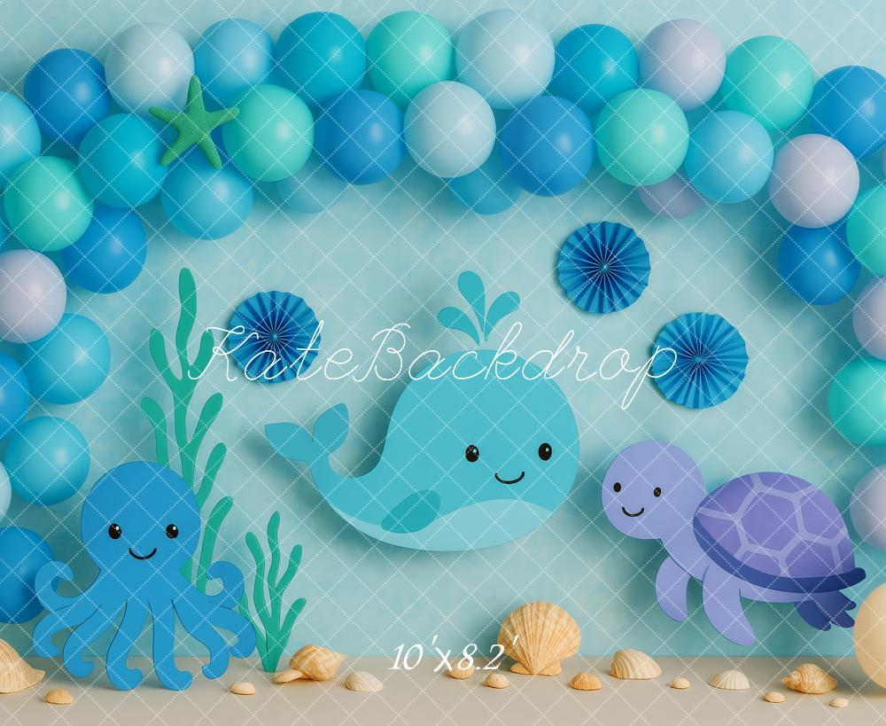 Kate Anniversaire Mer Animaux Ballons Toile de fond conçue par Patty Roberts - Kate Backdrop FR