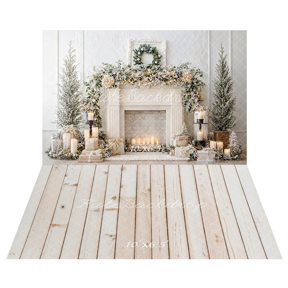 Kate Noël Cheminée Blanc Bougies Toile de fond+Parquet Blanc Bois Sol Toile de fond