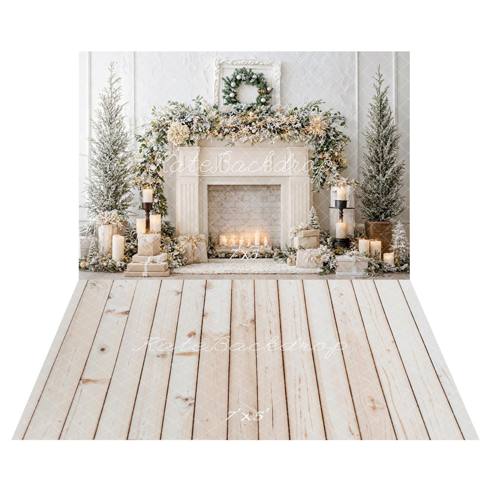Kate Noël Cheminée Blanc Bougies Toile de fond+Parquet Blanc Bois Sol Toile de fond