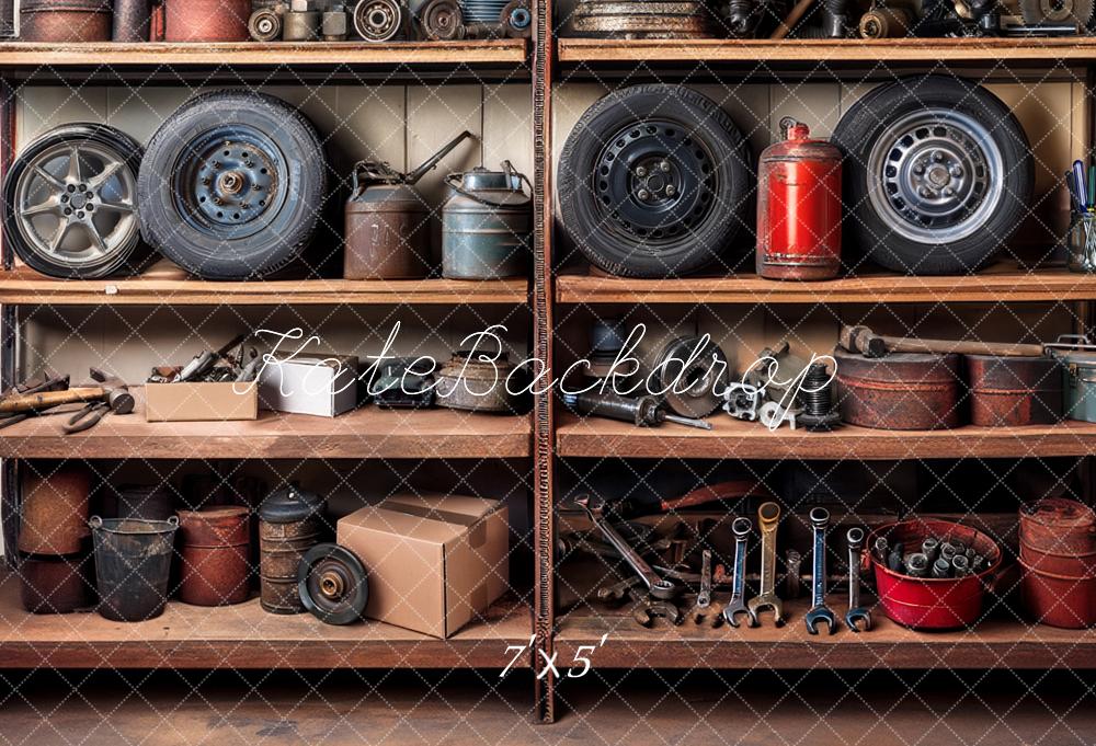 Kate Fête des Pères Garage Étagères Outils Pneus Toile de fond conçue par Mandy Ringe - Kate Backdrop FR