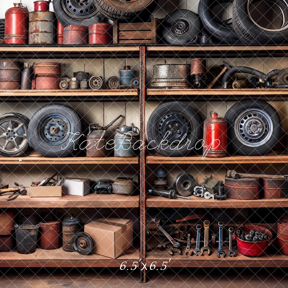 Kate Fête des Pères Garage Étagères Outils Pneus Toile de fond conçue par Mandy Ringe - Kate Backdrop FR