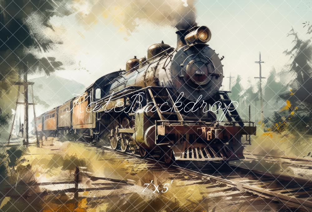 Kate Aquarelle Chemin de fer Train à vapeur Toile de fond conçue par Mandy Ringe - Kate Backdrop FR