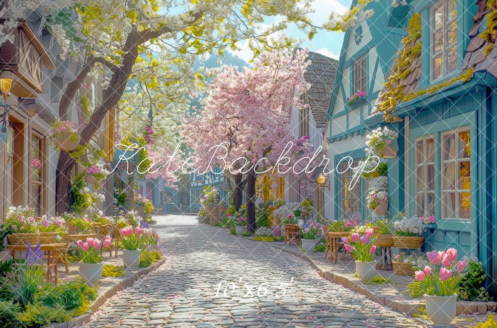 Kate Printemps Fleurs Village Chemin Toile de fond conçue par Mini MakeBelieve - Kate Backdrop FR