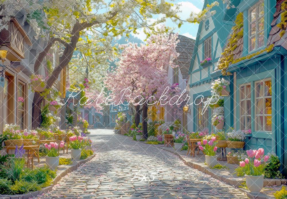 Kate Printemps Fleurs Village Chemin Toile de fond conçue par Mini MakeBelieve - Kate Backdrop FR