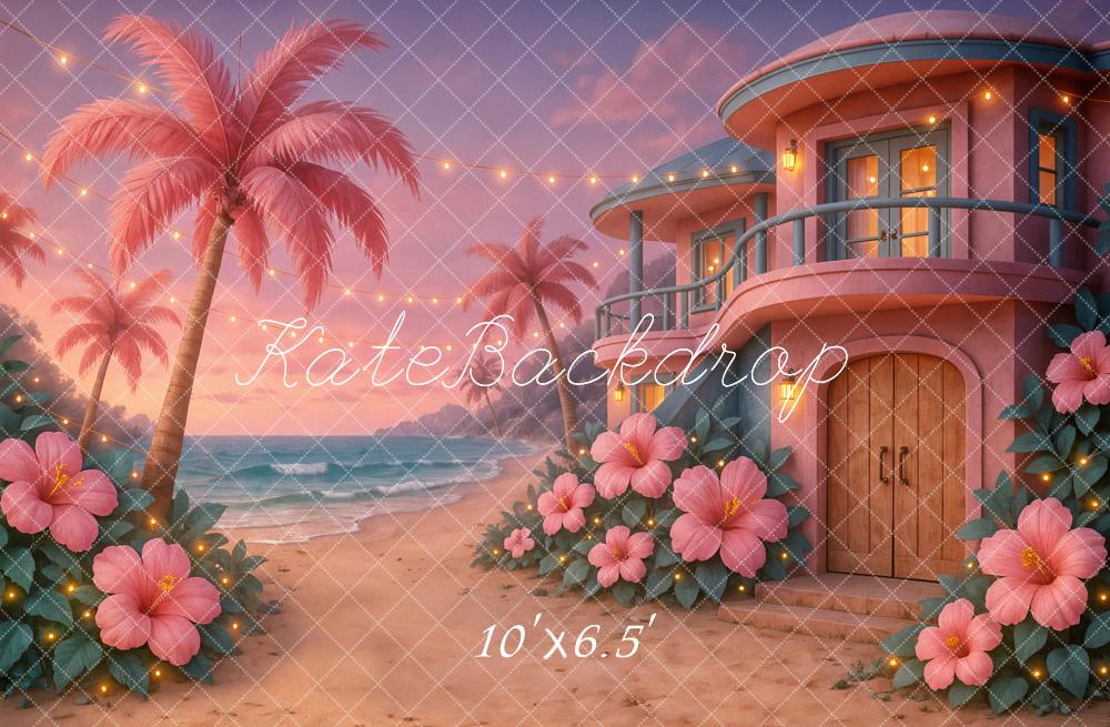 Kate Plage Tropical Maison Rose Fleur Toile de fond conçu par Ashley Paul - Kate Backdrop FR