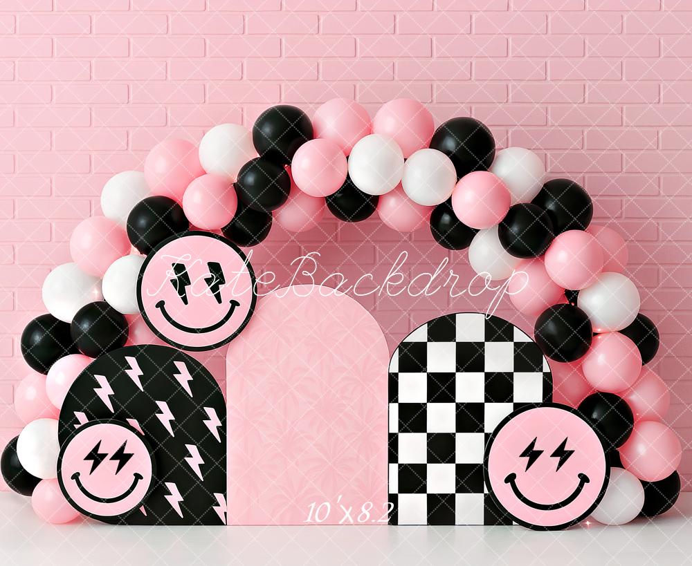 Kate Anniversaire Sourire Rose Ballons Arche Toile de fond conçu par Ashley Paul - Kate Backdrop FR