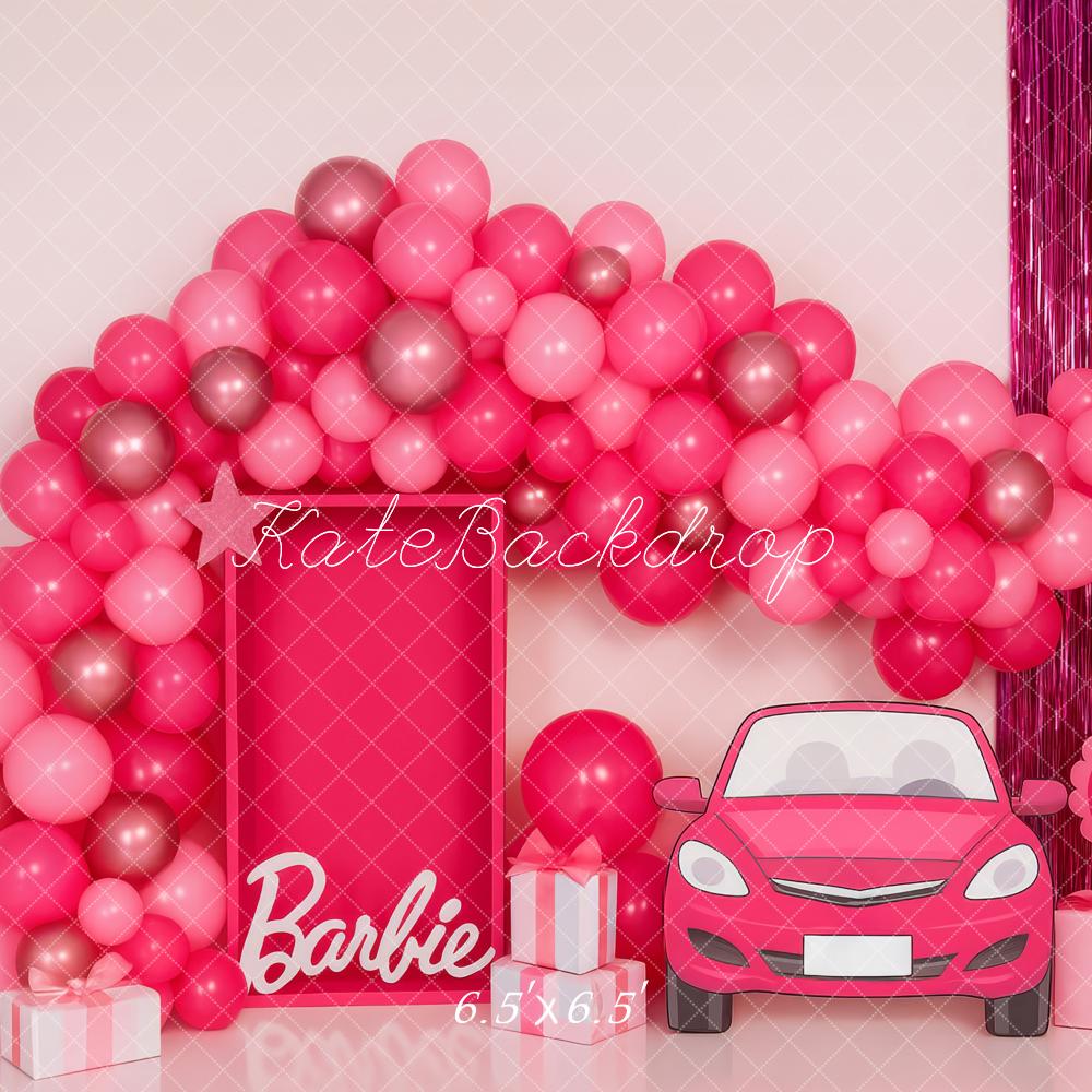 Kate Anniversaire Ballons Voiture Poupée Rose Toile de fond conçue par Patty Roberts - Kate Backdrop FR