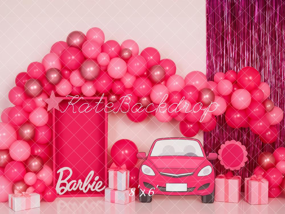 Kate Anniversaire Ballons Voiture Poupée Rose Toile de fond conçue par Patty Roberts - Kate Backdrop FR