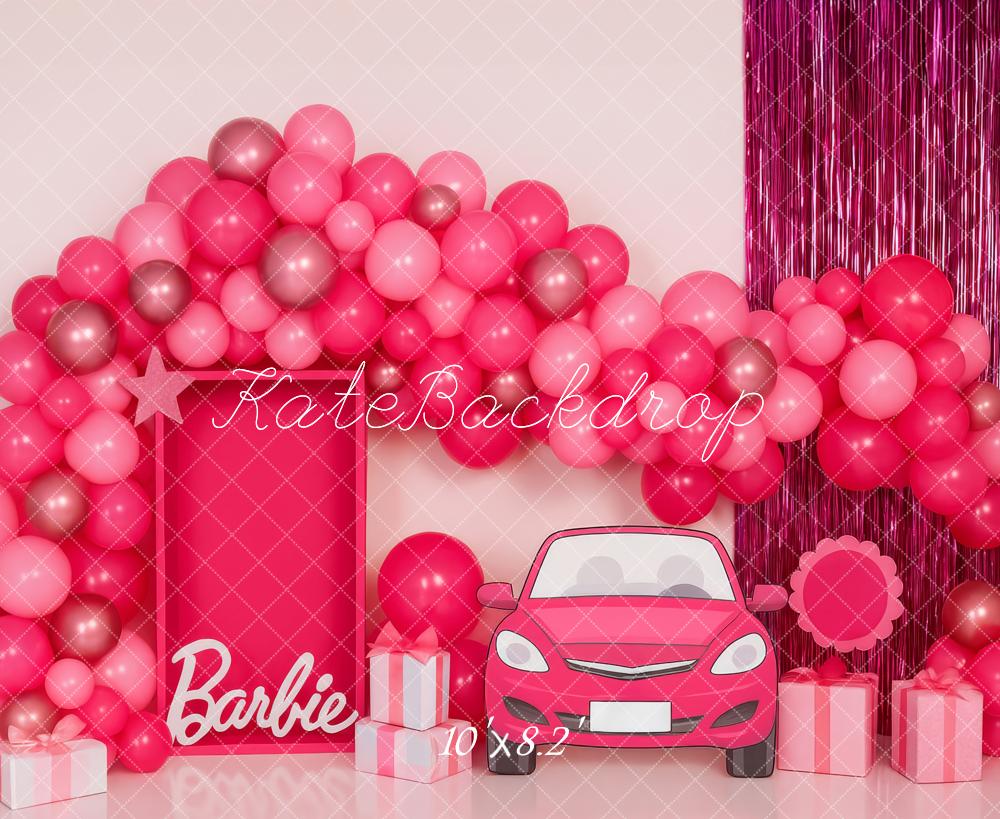 Kate Anniversaire Ballons Voiture Poupée Rose Toile de fond conçue par Patty Roberts - Kate Backdrop FR