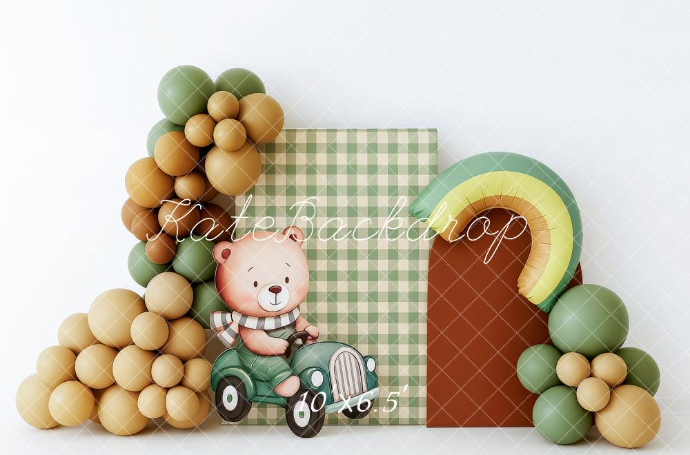 Kate Anniversaire Ours Ballons Vert Toile de fond conçue par Patty Roberts - Kate Backdrop FR