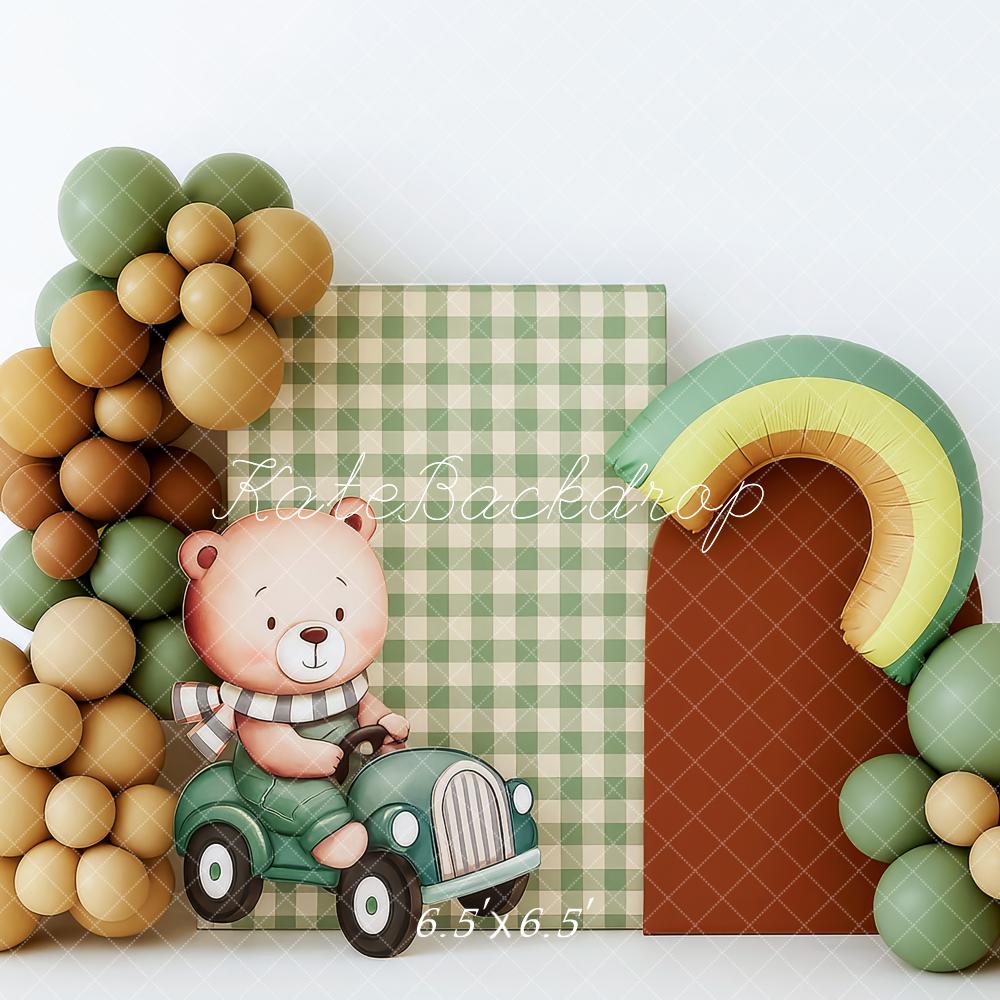 Kate Anniversaire Ours Ballons Vert Toile de fond conçue par Patty Roberts - Kate Backdrop FR