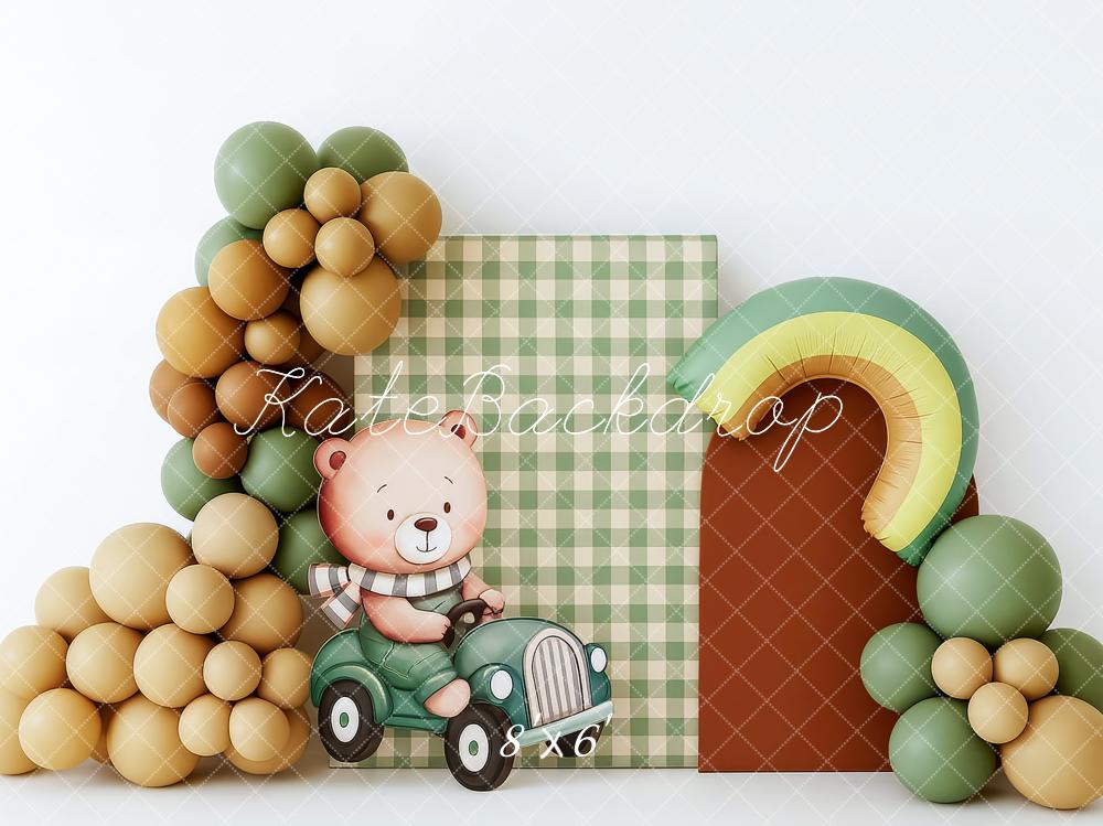 Kate Anniversaire Ours Ballons Vert Toile de fond conçue par Patty Roberts - Kate Backdrop FR