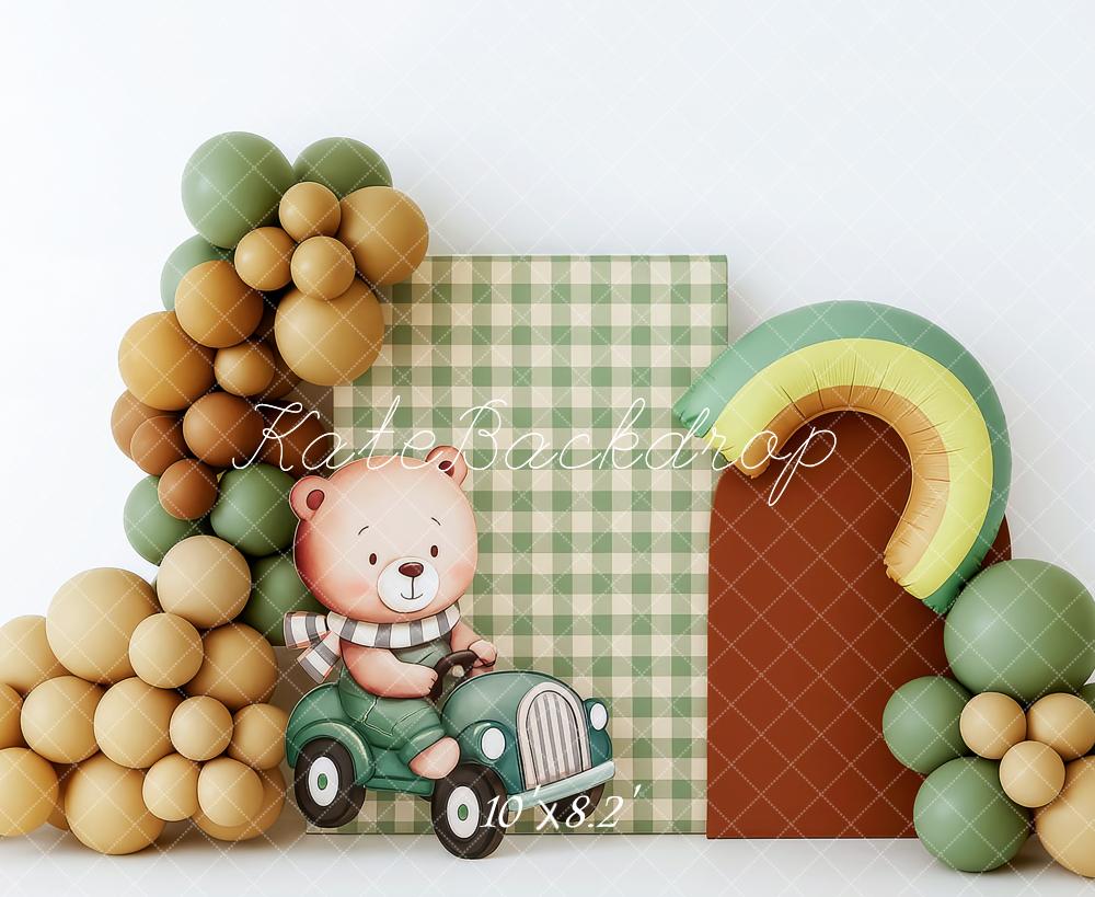 Kate Anniversaire Ours Ballons Vert Toile de fond conçue par Patty Roberts - Kate Backdrop FR