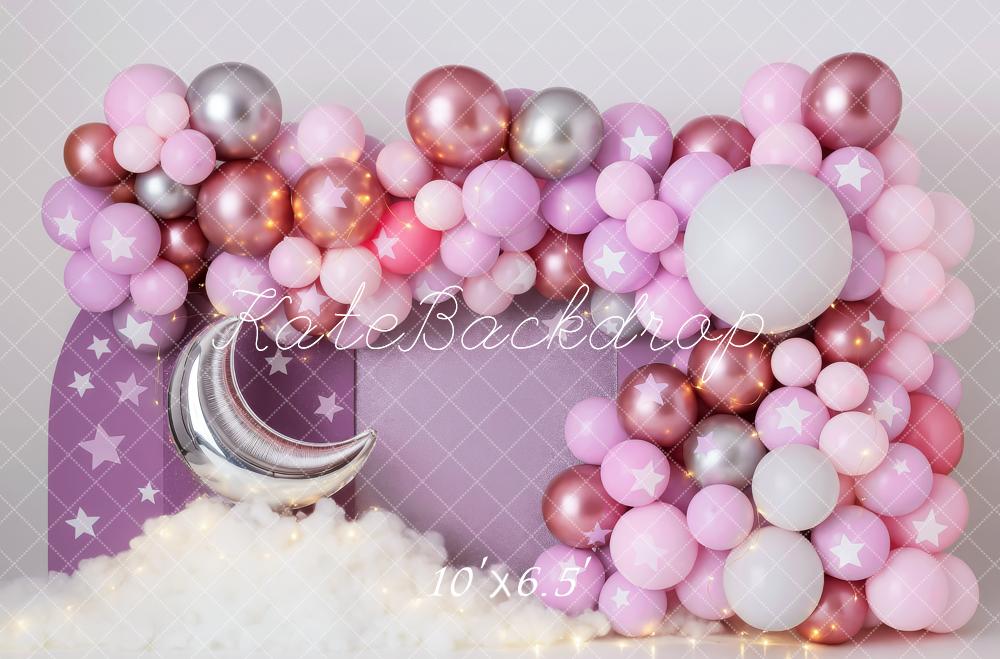 Kate Anniversaire Lune Étoiles Ballon Violet Toile de fond conçue par Patty Roberts - Kate Backdrop FR