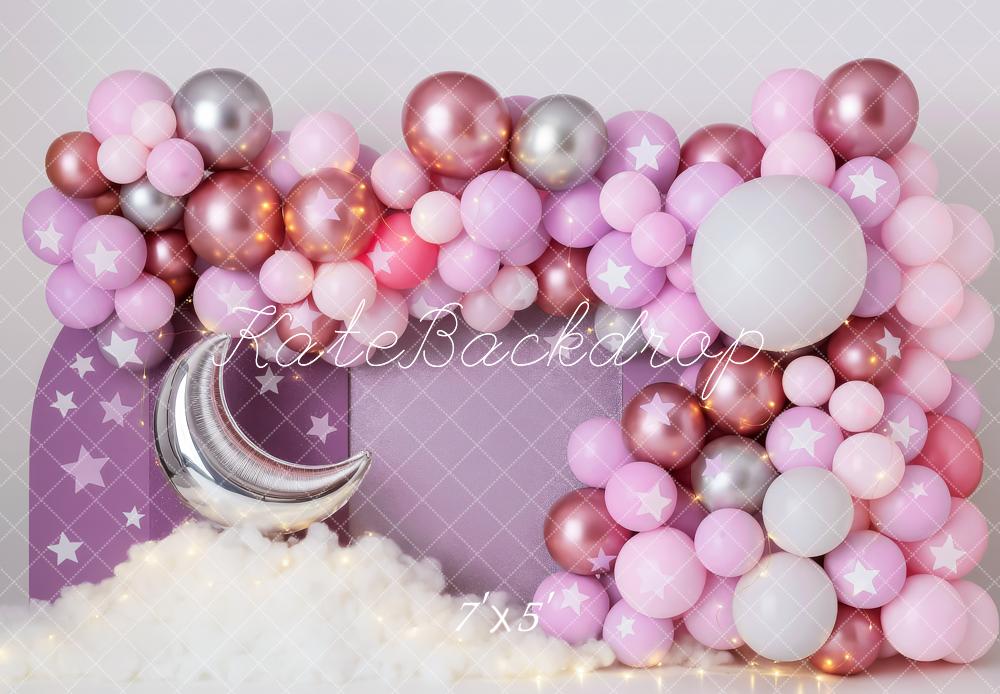 Kate Anniversaire Lune Étoiles Ballon Violet Toile de fond conçue par Patty Roberts - Kate Backdrop FR