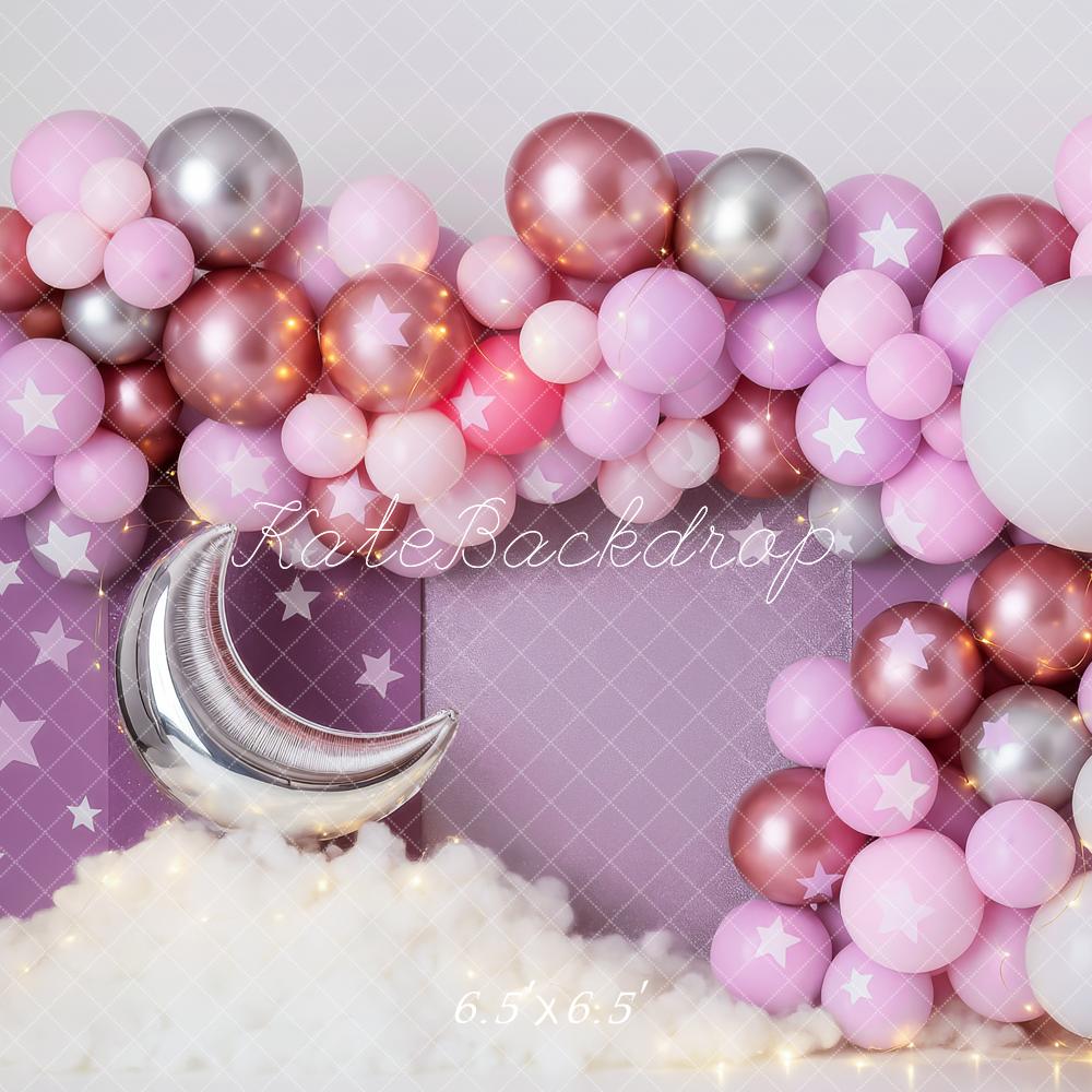 Kate Anniversaire Lune Étoiles Ballon Violet Toile de fond conçue par Patty Roberts - Kate Backdrop FR