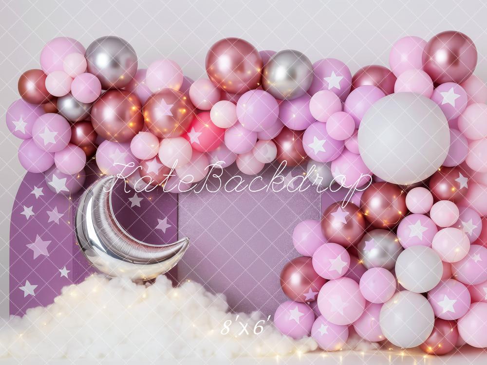 Kate Anniversaire Lune Étoiles Ballon Violet Toile de fond conçue par Patty Roberts - Kate Backdrop FR