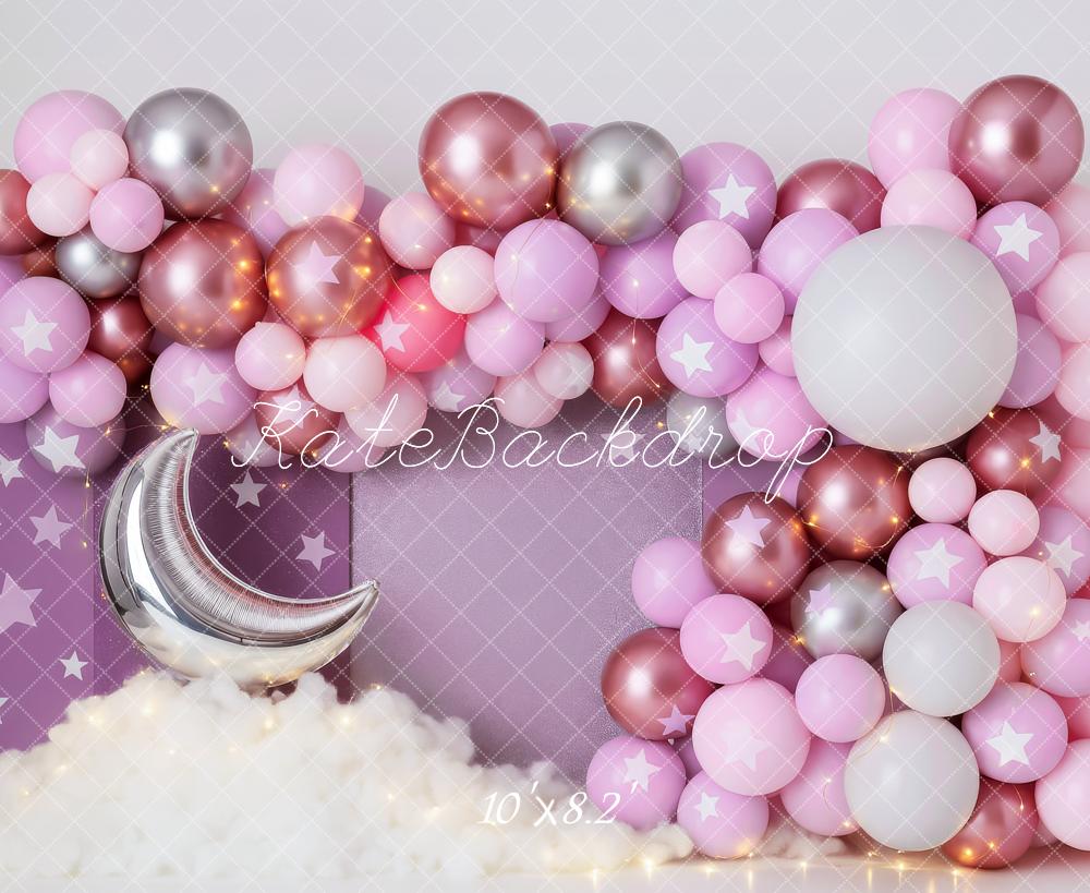 Kate Anniversaire Lune Étoiles Ballon Violet Toile de fond conçue par Patty Roberts - Kate Backdrop FR