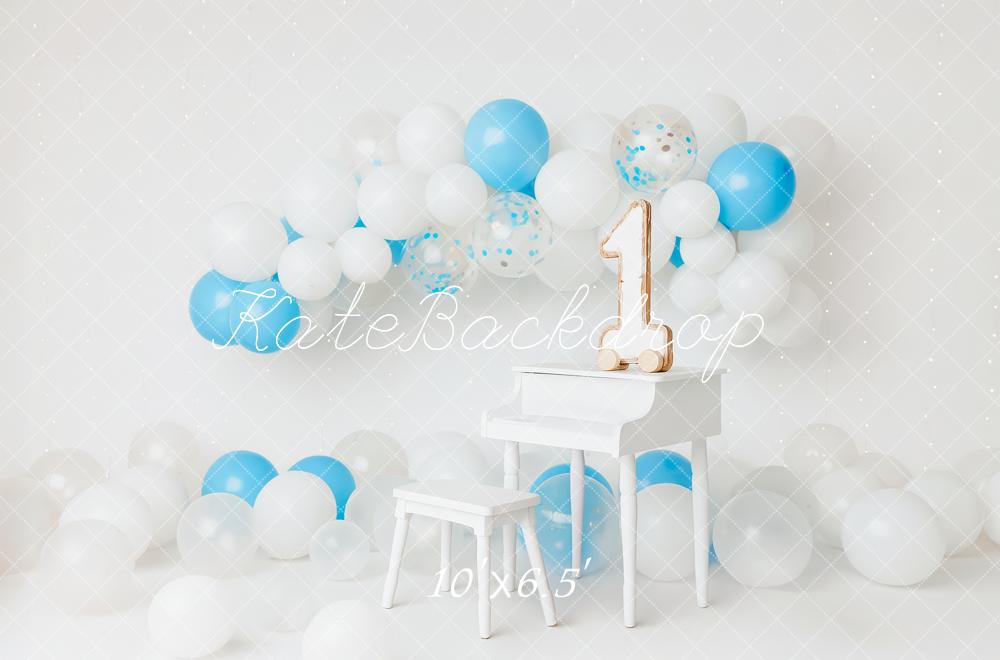 Kate Piano Ballons 1er anniversaire Blanc Toile de fond conçue par Patty Roberts - Kate Backdrop FR