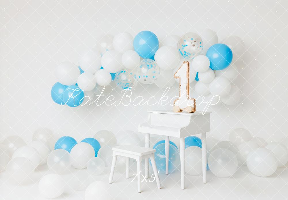Kate Piano Ballons 1er anniversaire Blanc Toile de fond conçue par Patty Roberts - Kate Backdrop FR