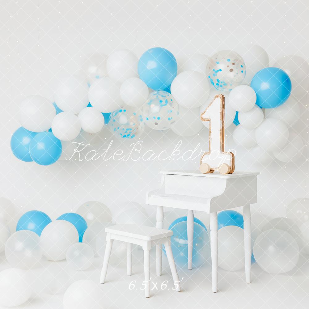 Kate Piano Ballons 1er anniversaire Blanc Toile de fond conçue par Patty Roberts - Kate Backdrop FR