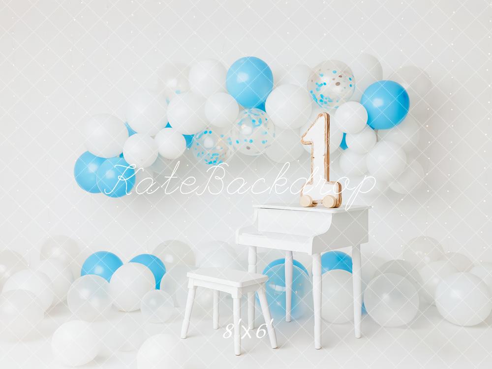Kate Piano Ballons 1er anniversaire Blanc Toile de fond conçue par Patty Roberts - Kate Backdrop FR
