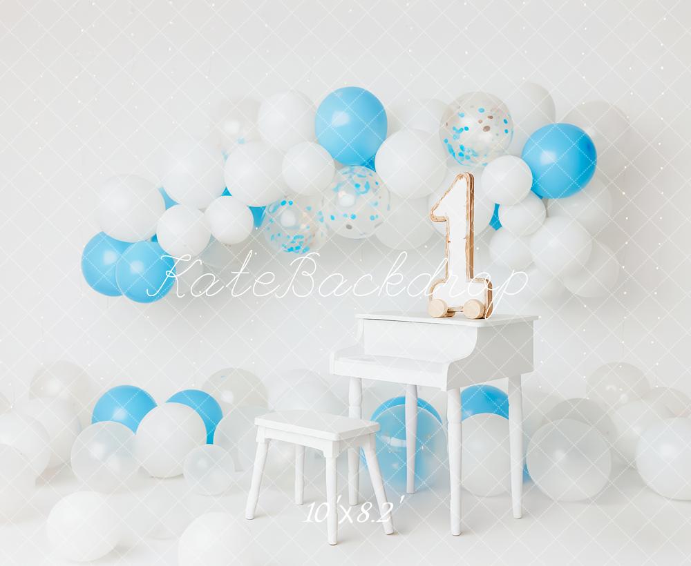 Kate Piano Ballons 1er anniversaire Blanc Toile de fond conçue par Patty Roberts - Kate Backdrop FR