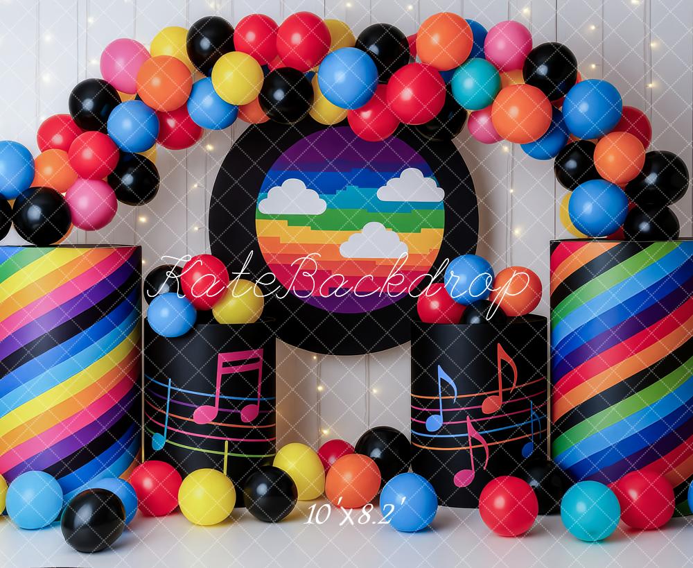Kate Anniversaire Musique Coloré Ballon Toile de fond conçue par Patty Roberts - Kate Backdrop FR
