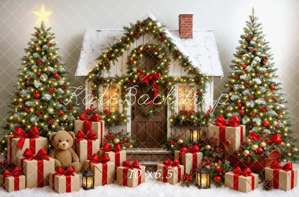 Kate Arbre de Noël Maison Cadeaux Ours Toile de fond conçue par Patty Roberts - Kate Backdrop FR