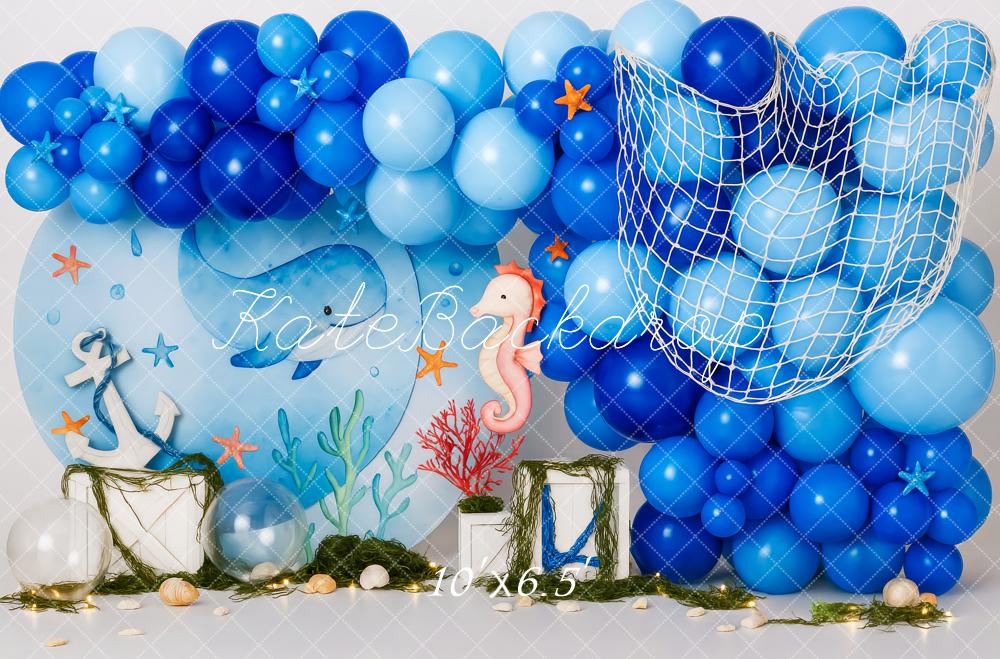 Kate Anniversaire Ballon Bleu Mer Toile de fond conçue par Patty Roberts - Kate Backdrop FR