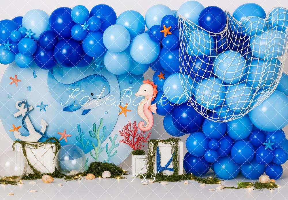 Kate Anniversaire Ballon Bleu Mer Toile de fond conçue par Patty Roberts - Kate Backdrop FR