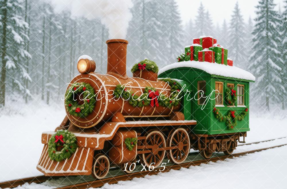 Kate Noël Vintage Train en Pain d'épices Neige Toile de fond conçue par Patty Roberts - Kate Backdrop FR
