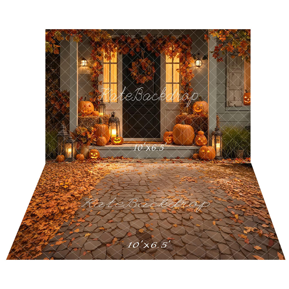 Kate Halloween Citrouilles Feuilles Maison Toile de fond+Automne Pierre Feuilles Sol Toile de fond