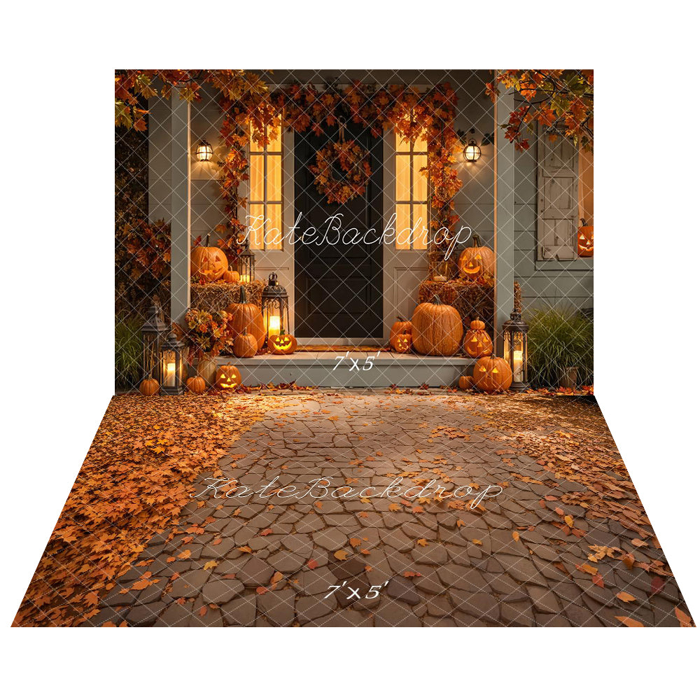 Kate Halloween Citrouilles Feuilles Maison Toile de fond+Automne Pierre Feuilles Sol Toile de fond
