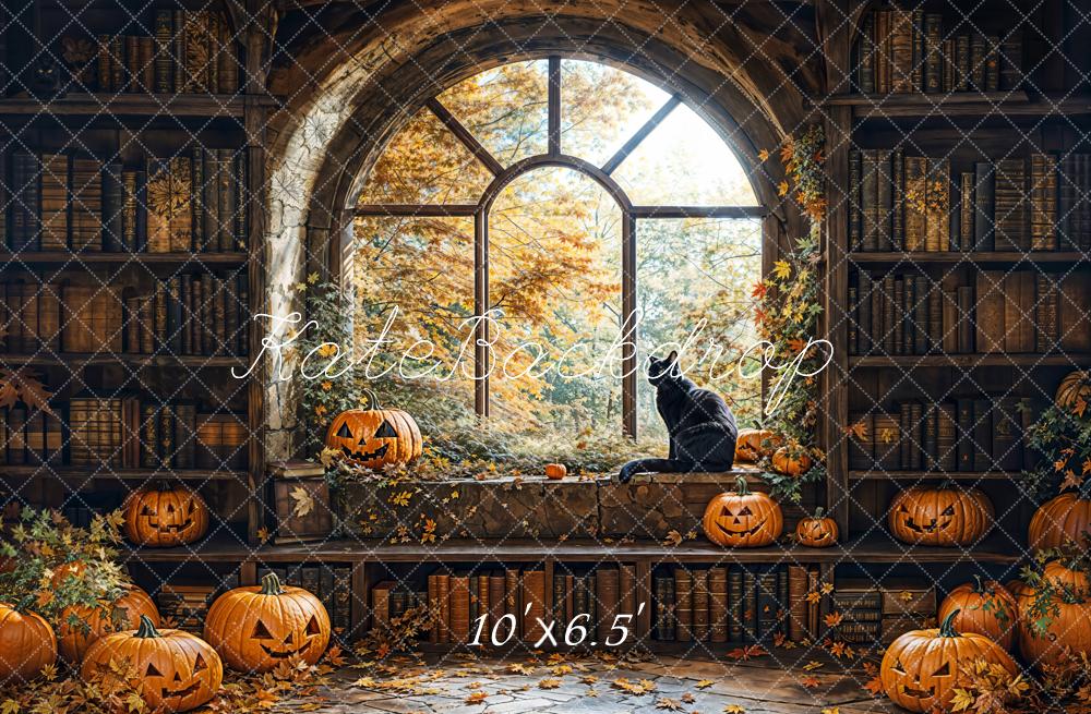 Kate Halloween Bibliothèque Citrouille Fenêtre Toile de fond conçue par Emetselch - Kate Backdrop FR