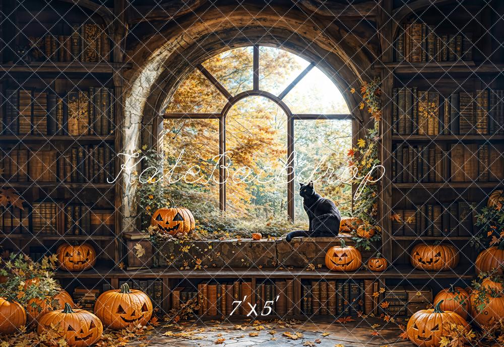 Kate Halloween Bibliothèque Citrouille Fenêtre Toile de fond conçue par Emetselch - Kate Backdrop FR