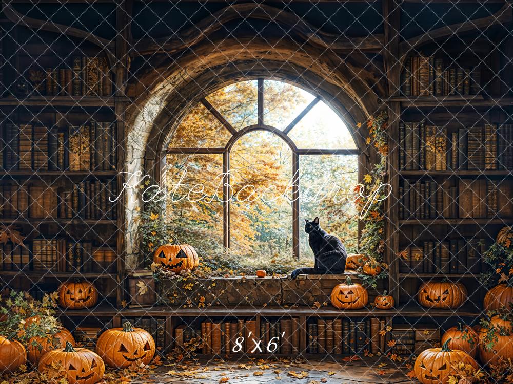 Kate Halloween Bibliothèque Citrouille Fenêtre Toile de fond conçue par Emetselch - Kate Backdrop FR