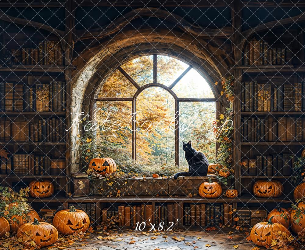 Kate Halloween Bibliothèque Citrouille Fenêtre Toile de fond conçue par Emetselch - Kate Backdrop FR