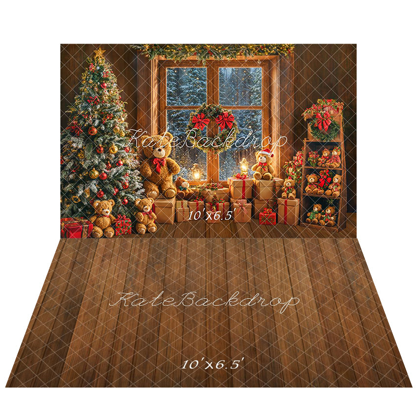 Kate Sapin de Noël Fenêtre Ours en peluche Toile de fond+Brun Bois Sol Toile de fond - Kate Backdrop FR