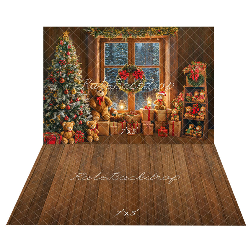 Kate Sapin de Noël Fenêtre Ours en peluche Toile de fond+Brun Bois Sol Toile de fond - Kate Backdrop FR